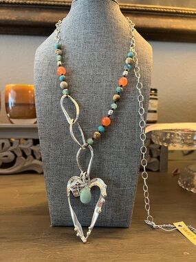 Sweet Lola Silver Heart Pendant Necklace with Turquoise and Coral Beads